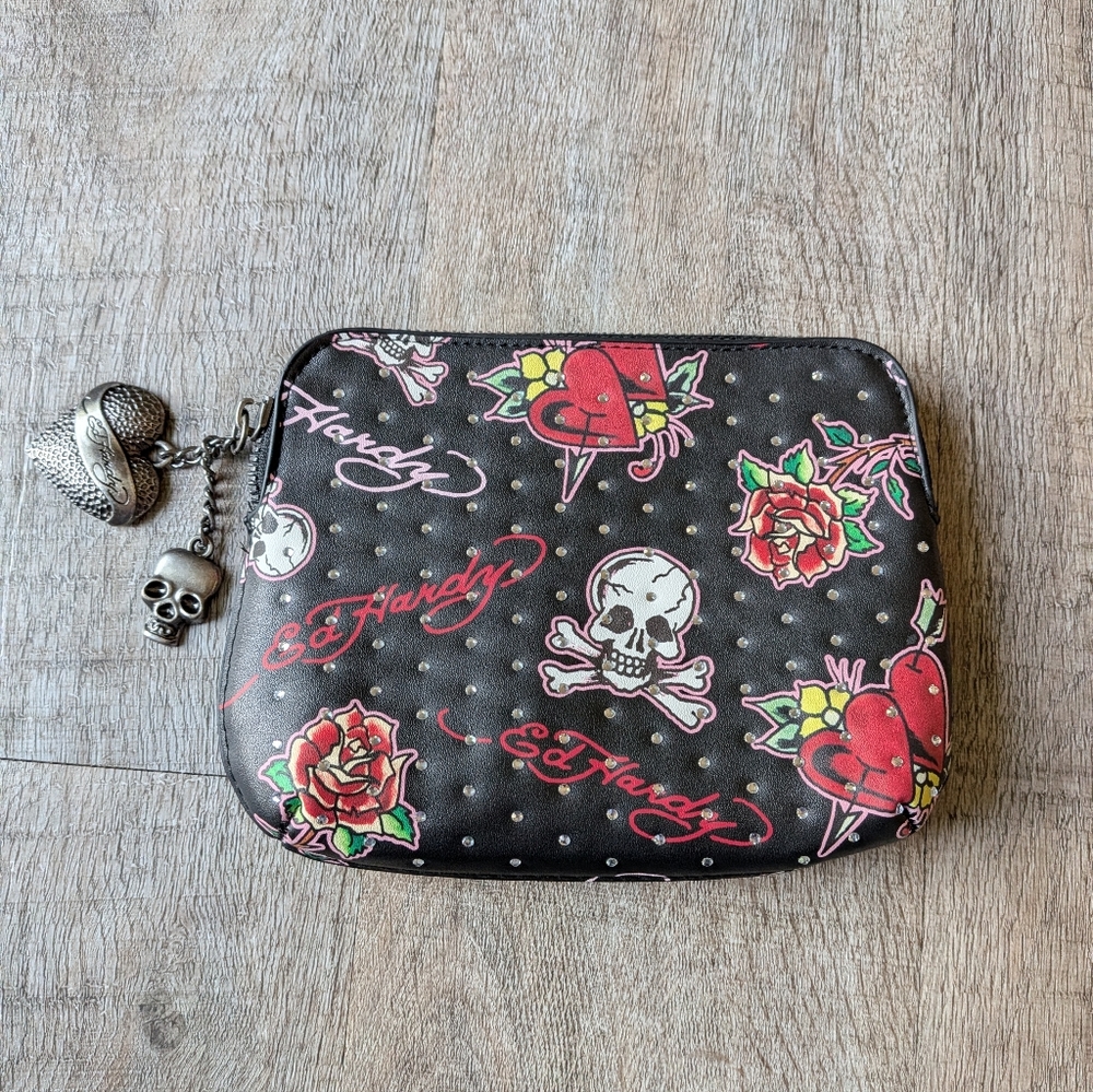 Ed Hardy Rhinestone Studded Wallet Pouch Makeup Travel Bag With Charms Y2K